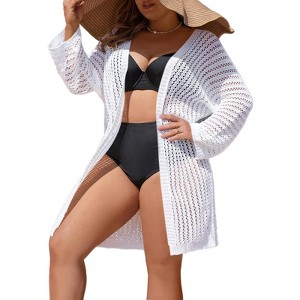 Womens Plus Size Beach Cover Ups Crochet Knit Open Front Light Weight Cardigan Long Cover Ups for Plus Size Women - 1 of 2