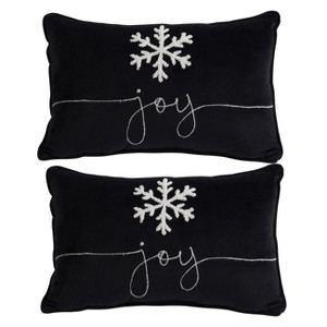 Set of 2, 18x12" Black Velvet Pillow With Embroidered Joy And Frosty Snowflake, for Christmas Halloween Holiday Decor - 1 of 4
