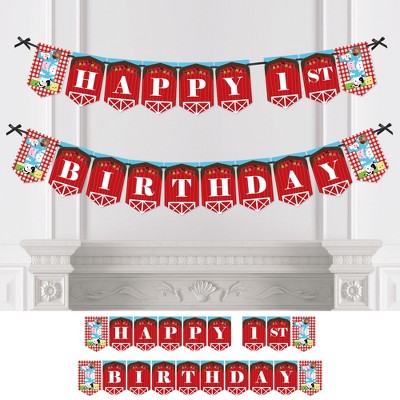 Big Dot of Happiness 1st Birthday Farm Animals - Barnyard First Birthday Party Bunting Banner - Party Decorations - Happy 1st Birthday