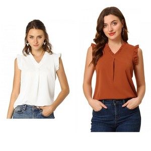 Allegra K Women's Ruffled Sleeveless Work Business Vintage Blouses 2 Packs - 1 of 4