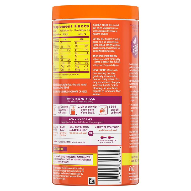 Metamucil Psyllium Fiber Supplement with Sugar Powder - Orange, 3 of 9