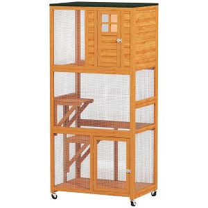 Skyzone 74" Weatherproof Wooden Outdoor Cat Enclosure with Perches, Wheels & Lockable Doors, Orange - 1 of 4