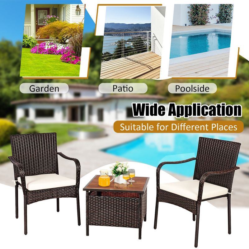 Costway 3PCS Patio Rattan Furniture Bistro Set Wood Side Table Stackable Chair, 5 of 11