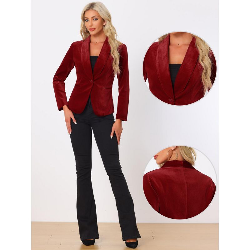 Allegra K Women's Office Solid Shawl Collar Jetted Pockets One Button Velvet Blazer, 3 of 7