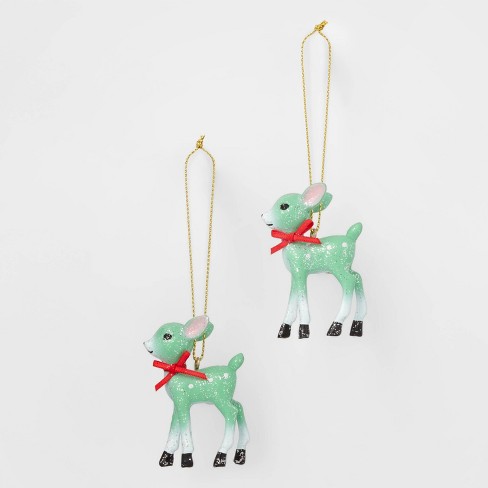 2ct Retro Small Deer Christmas Tree Ornament Set Green - Wondershop™