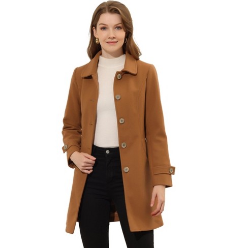 Allegra K Women's Winter Outerwear Peter Pan Collar Mid-thigh A-line Single  Breasted Coat Brown Small : Target