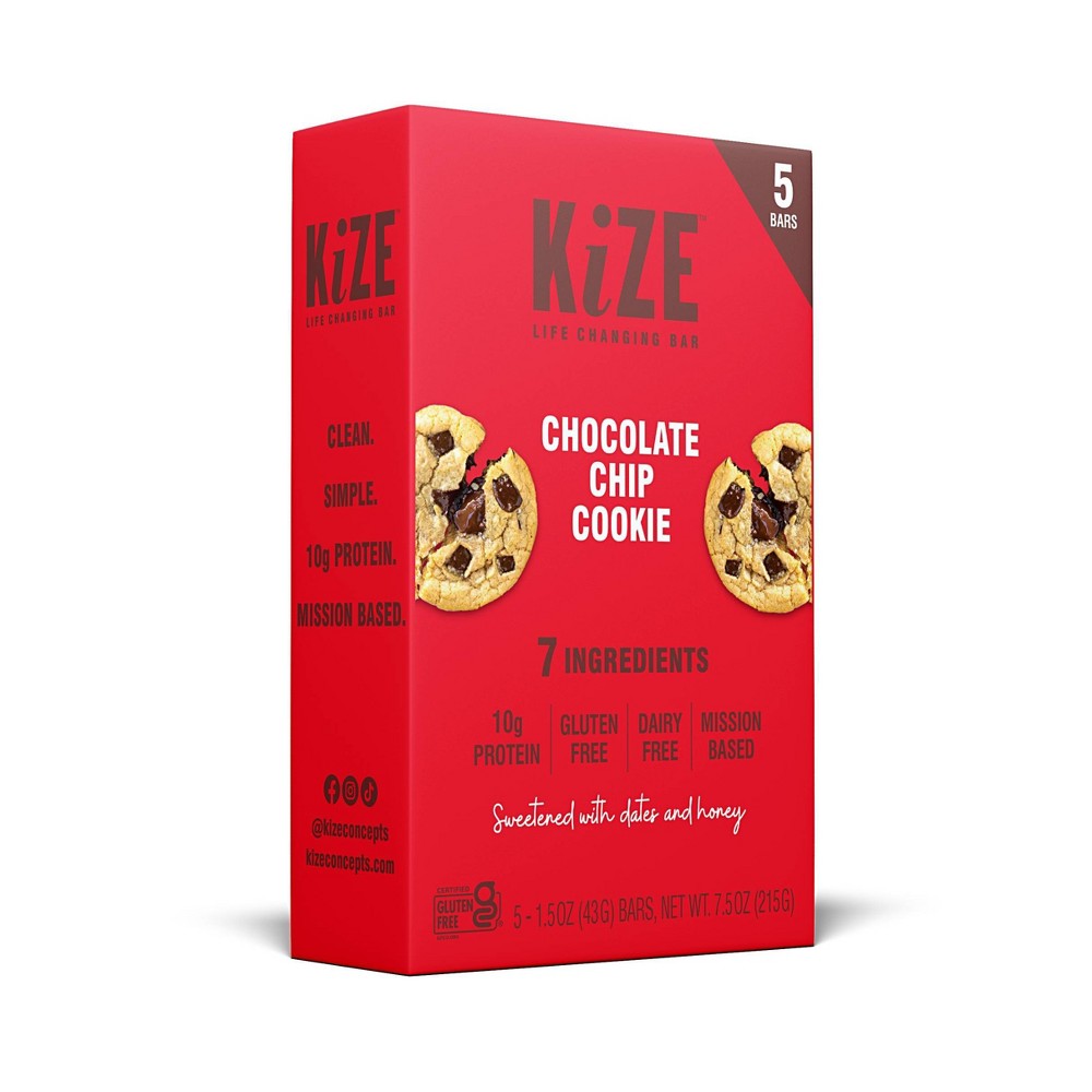 KiZE Chocolate Chip Cookie Gluten Free Energy Protein Bar - 10g Protein - 7.5oz/5ct
