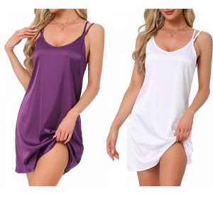 INSPIRE CHIC Women's 2 Pcs Double Strap Satin Nighty Chemise Slip Silky Sleep Camisole Dress - 1 of 4