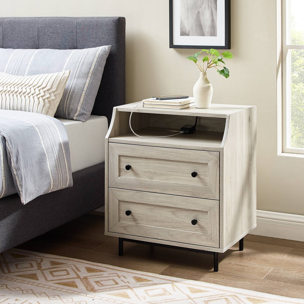 Transitional 2 Drawer Nightstand with USB Port Birch - Saracina Home: Cable Management, MDF Frame, 26" Height