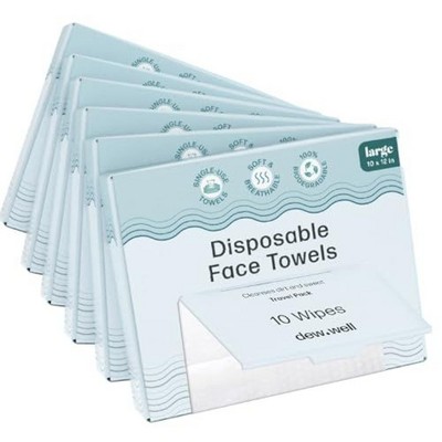 Dew Well Large Disposable Face Towels - 60 Towelettes Total (6 Boxes) - Single-Use Disposable Washcloths for Travel