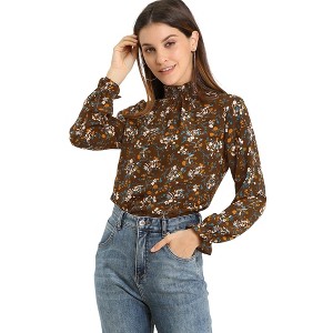 Allegra K Women's Boho Vintage Ruffled Neck Keyhole Back Floral Blouse - 1 of 4