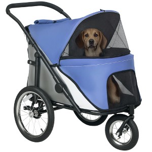PawHut Dog Stroller, 3 Wheels Pet Stroller w/ One-Hand Fold, Rubber Wheels, Storage Bag, Soft Cushion, Safety Leash, for S & M Dogs, Blue - 1 of 4