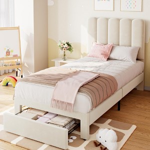 Twin Bed Frame with Under-Bed Drawer, Upholstered Platform Bed with Wave Headboard for Kids/Girls - 1 of 4