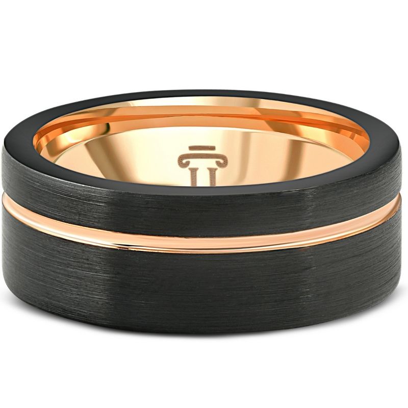 Pompeii3 Men's Brushed Black Tungsten Rose Gold Plated Two Tone 8mm Ring Wedding Band, 1 of 5