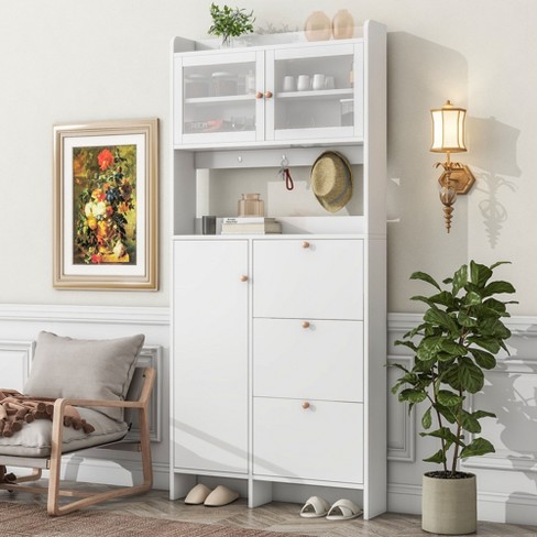 Tall Storage Cabinet with 8 Doors and 4 Shelves, White-ModernLuxe