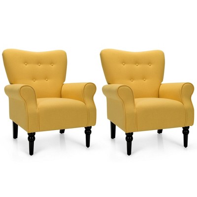 Costway Set of 2 Modern Accent Chairs w Tufted Back Rubber Wood Legs Yellow