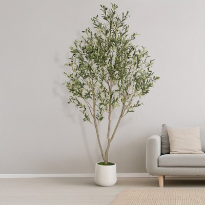 Romswi 7 ft Olive Artificial Tree, with White Round Planter, Pre Potted Artificial Tree, with Lifelike Wood Trunk and Natural Fruits for Indoor Decor