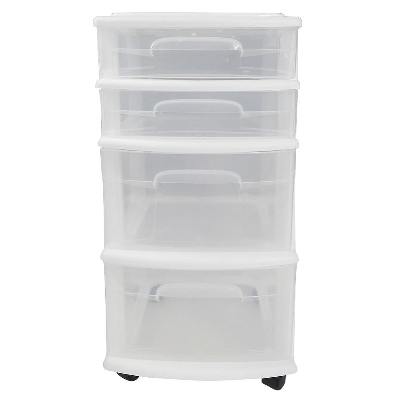 Homz Clear Plastic 4 Drawer Medium Home Organization Storage Container Tower w/2 Large and 2 Small Drawers, and Removeable Caster Wheels, White Frame, 3 of 8