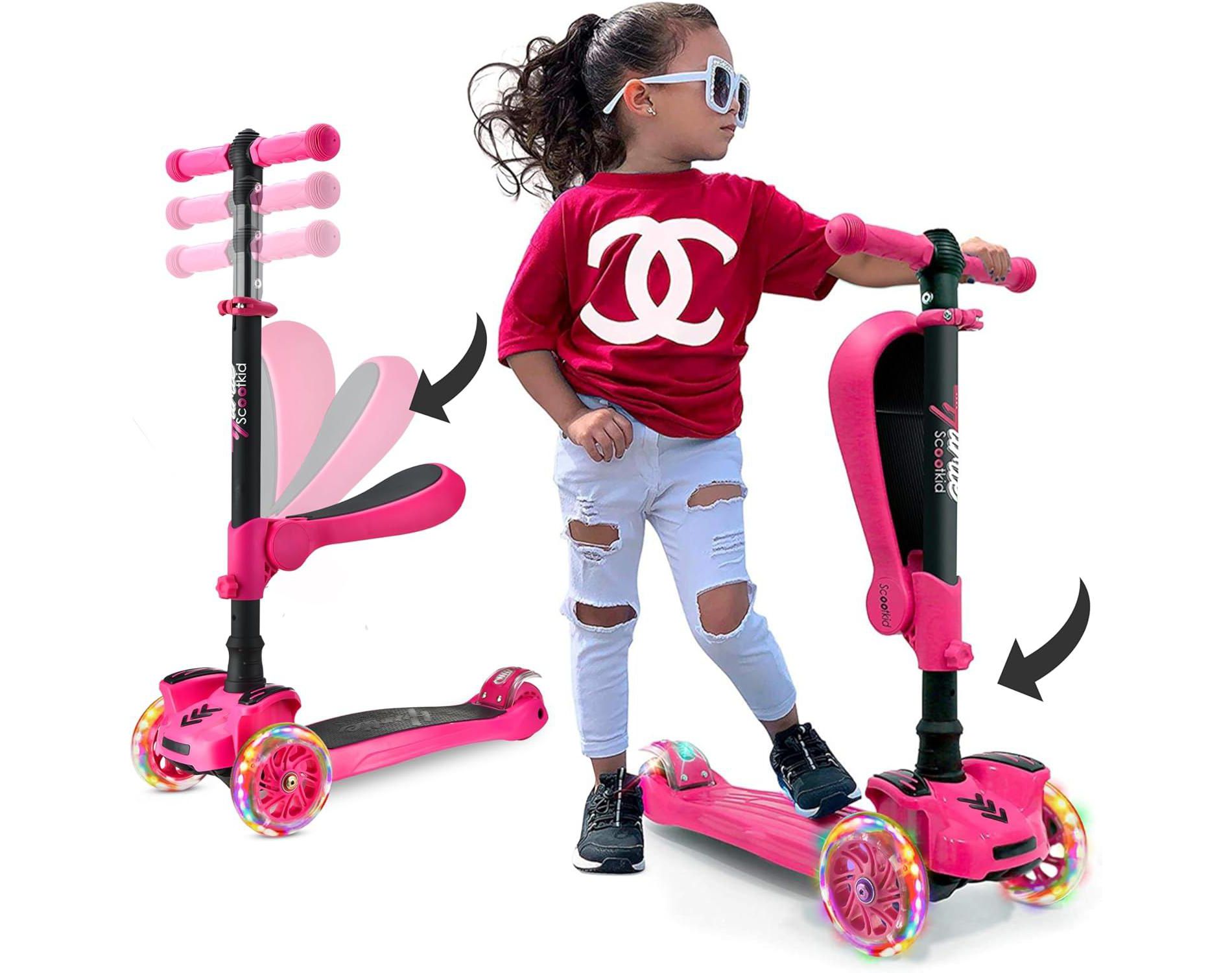 Hurtle ScootKid 3-Wheel Kids Scooter - Mini Kick Scooter with LED Wheel Lights & Fold-Out Comfort Seat (Ages 1+)