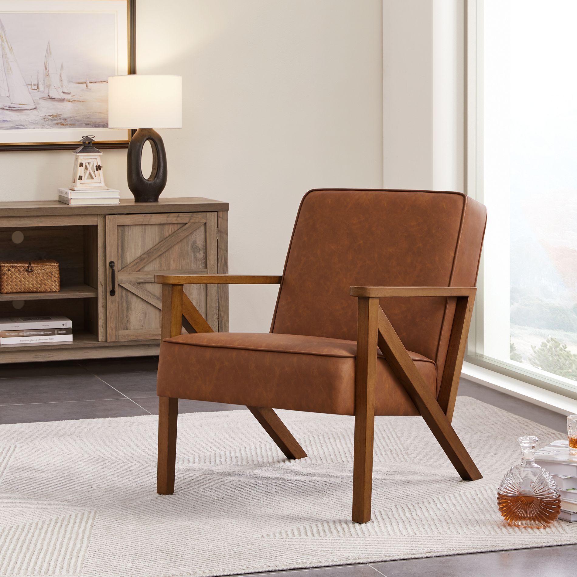 Yaheetech Faux Leather Accent Armchair with Extra-Wide Seat and Z-Shaped Wood Legs for Living Room, Bedroom & Office, Light Brown