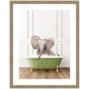 Kate and Laurel Baby Elephant in Transitional Bathtub by Amy Peterson Framed Wall Art Print, 27 x 34, Woodgrain Stripe Mocha - 1 of 4
