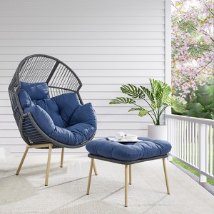 POCASSY Egg Chair Outdoor with Ottoman, Patio PE Wicker Rattan Egg Chair Lounge Basket Shape with Head Pillow - 1 of 4