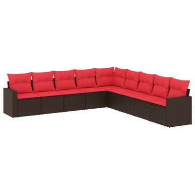 vidaXL 9 Piece Patio Sofa Set with Cushions Poly Rattan - Brown and Red Without Table