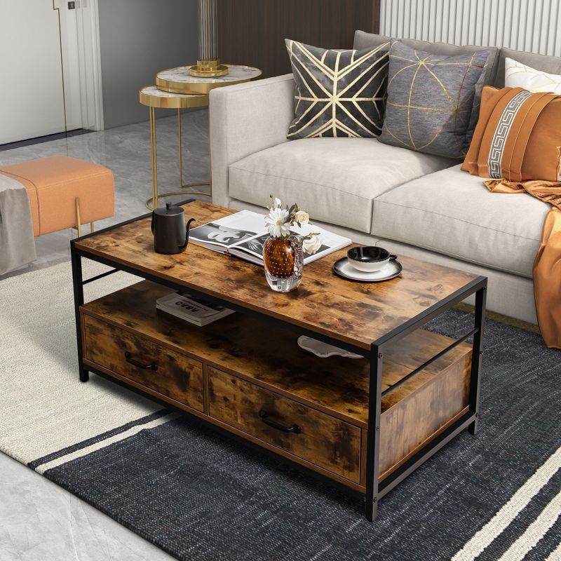 Costway Coffee Table with Storage Drawers& Shelf Coffee Table with Metal Frame for Living Room, 2 of 11