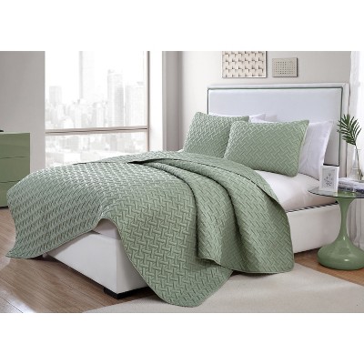 Green Twin Reversible Microfiber Basketweave Quilt Set