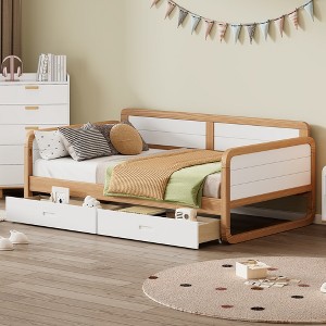 Twin Size Solid Wood Daybed with 2 Storage Drawers/Trundle for Limited Space Kids, Teens, Adults, Walnut and White 4B - ModernLuxe - 1 of 4