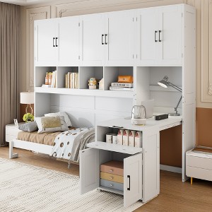 Twin Size Murphy Bed Wall Bed with Closet, Cabinets, Storage Shelves and Desk, White/Gray-ModernLuxe - 1 of 4