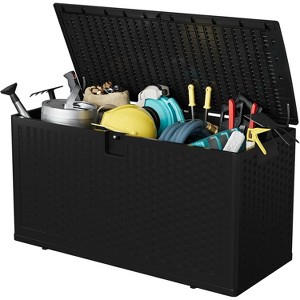 Outdoor Storage Box, Waterproof Lockable Resin Deck Box, Patio Storage Chest, Wood Grain - 1 of 4