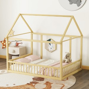 NicBex Twin/Full Size Kids Montessori Bed with House Roof Frame,Floor Bed with Safety Guardrails,Toddler bed for Bedroom,Gray/White/Brown - 1 of 4