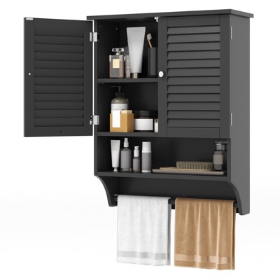 Tangkula Wall Mounted Bathroom Cabinet with Open Shelf & Towel Bar Medicine Cabinet with Double Louvered Doors White/Grey/ Espresso/Black