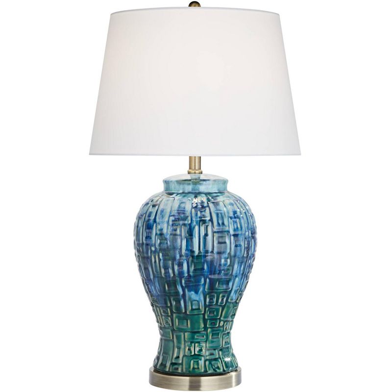 Possini Euro Design Asian Inspired Table Lamp 27" Tall Ceramic Teal Glaze Patterned Temple Jar White Empire Shade for Living Room (Colors May Vary), 1 of 10