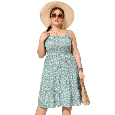Plus Size Summer Dresses Women's Sleeveless Square Neck Smocked Flowy Ruffle A Line Maxi Dress