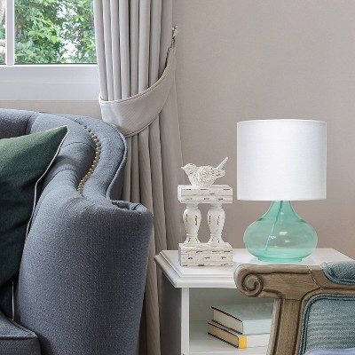 Aqua Glass Gourd Nightstand Lamp with White Barrel Shade