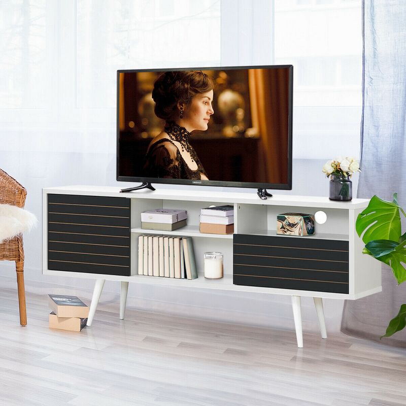 Costway Modern TV Stand/Console Cabinet 3 Shelves Storage Drawer Splayed Leg Black/White, 3 of 11