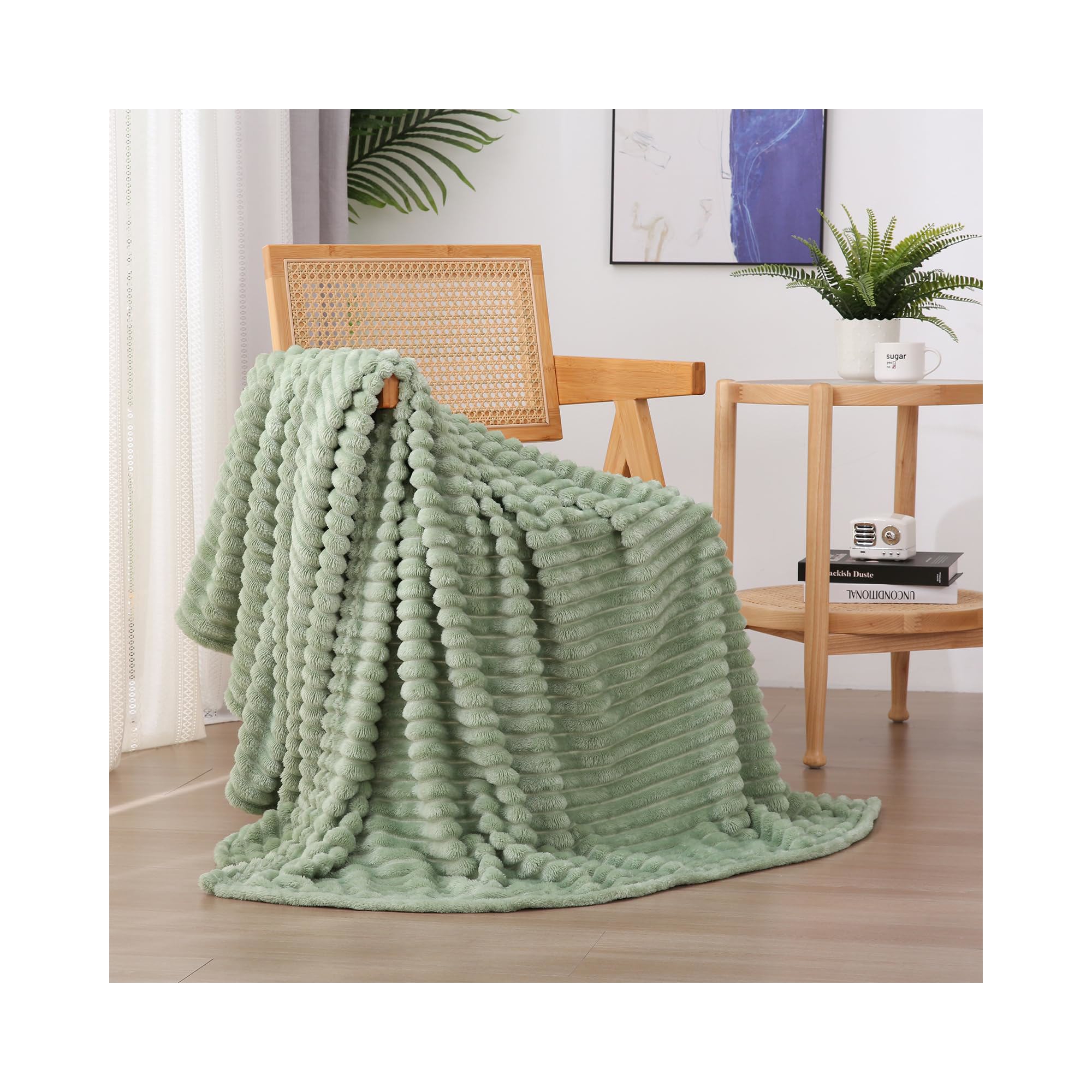 Aoibox Sage Green Fleece Throw Blanket for Couch Sofa Bed, Super Soft Cozy Plush Microfiber Flannel Blanket with Stripes Design Lightweight