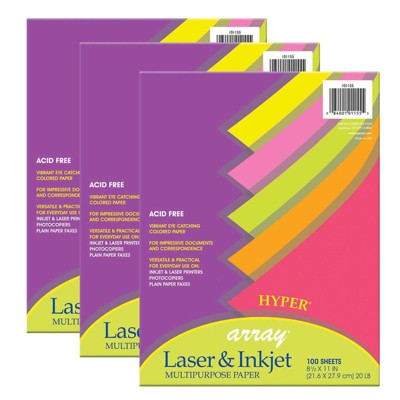 Pacon Hyper Multi-Purpose Paper, 5 Assorted Colors, 20 lb., 8-1/2" x 11", 100 Sheets Per Pack, 3 Packs