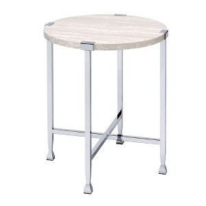 Royal Hampton End Table with X Shaped Metal Base and Round Wooden Top,Silver and Beige - 1 of 4