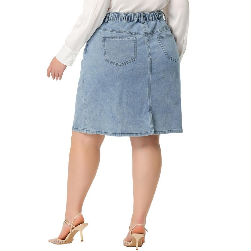 Agnes Orinda Women's Plus Size Denim Classic Slash Pocket Elastic Waist Pencil Back Slit Jeans Skirts, 4 of 7