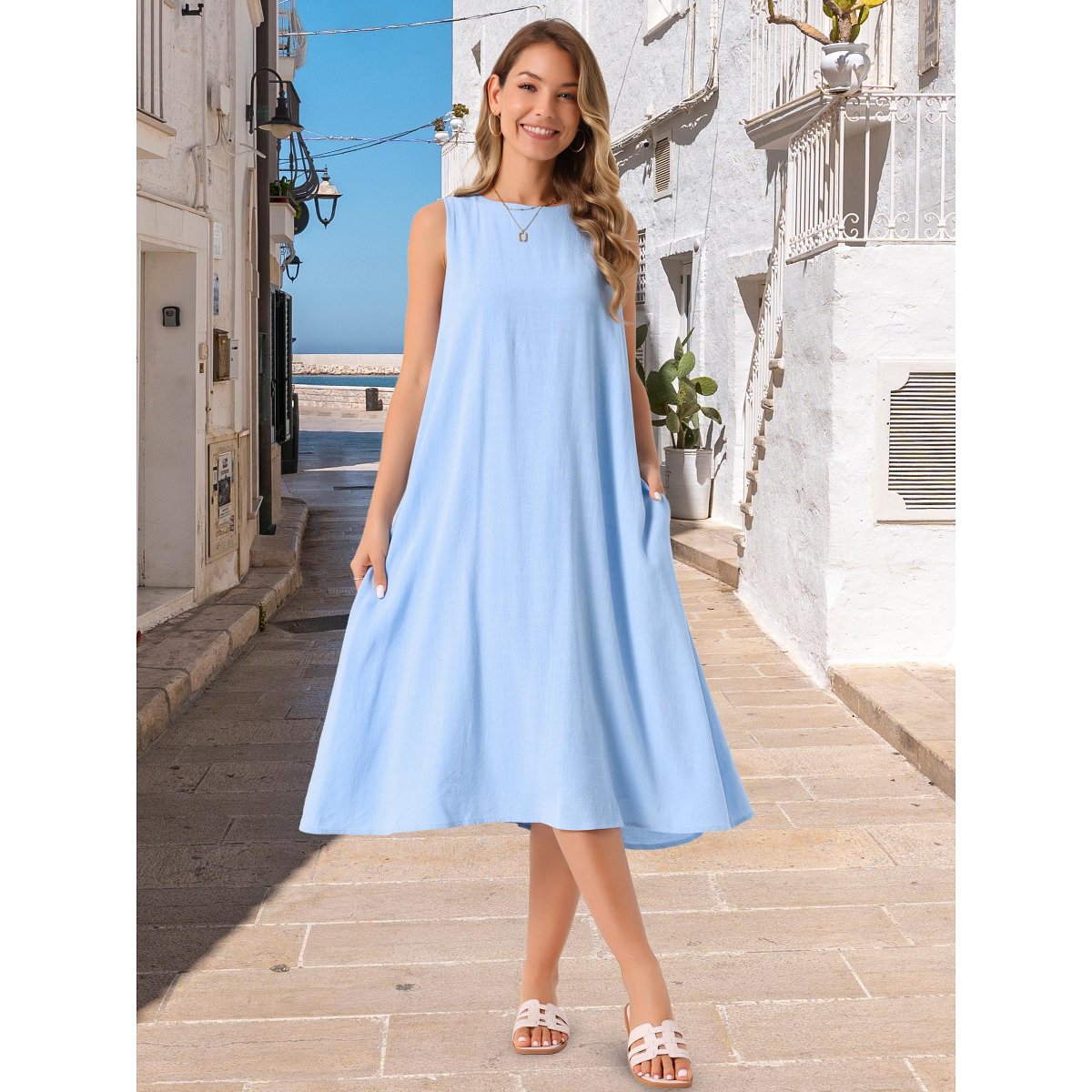 Женские платья INSPIRE CHIC Women's Linen Sleeveless Crew Neck Shift with Pockets Casual Midi Dress Small White 2 Packs Blue/Apricot Medium — фото 3