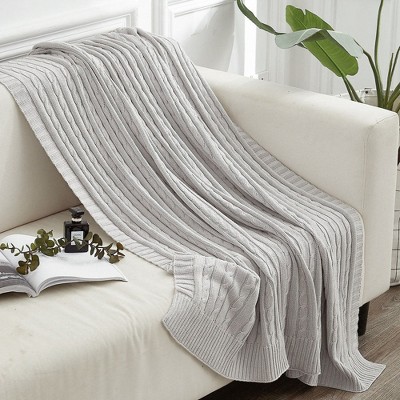 Cotton Cable Knit Twin Blanket, Super Soft Warm Knitted Blanket, 60x80 Inches, Silver - NTBAY