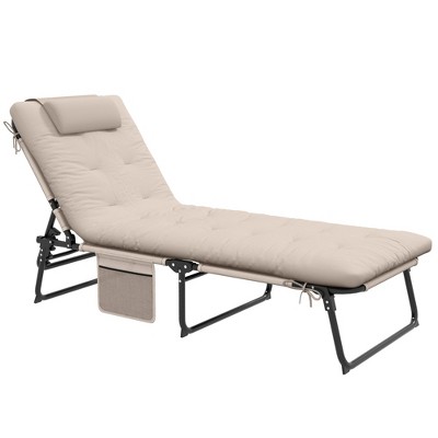Beige Folding Chaise Lounge with Cushions and Side Pocket