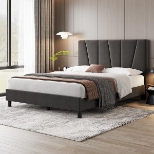 Twin Size Bed Frame with Headboard Adjustable, Linen Upholstered Twin Platform Bed with Headboard - 1 of 4