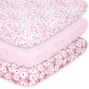 The Peanutshell Mini Crib, Playard Sheets, 3 Pack, Daisy | Pink, Mauve - 1 of 4