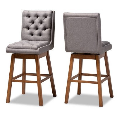 2pc Set Gregory Fabric Upholstered Wood Swivel Barstool Gray/Walnut - Baxton Studio