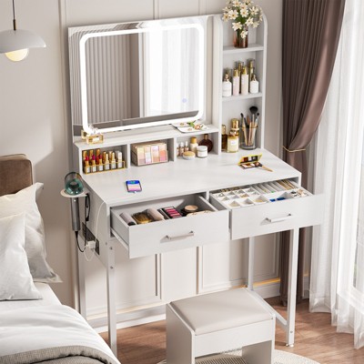 Aheaplus Makeup Vanity Desk with LED Light Mirror, Dressing Table with Charging Station and Drawers