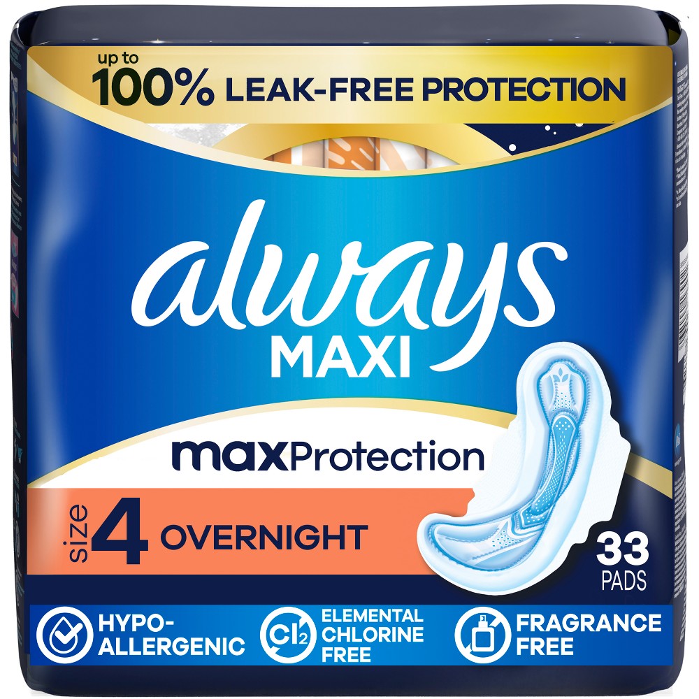 Always Maxi Pads Overnight Absorbency Unscented with Wings - Size 4 - 33ct